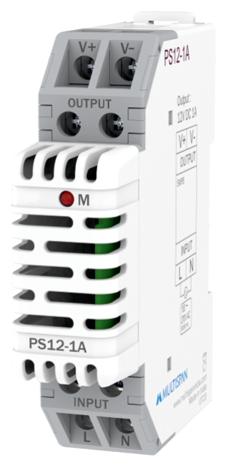 Multispan PS12-1A — 12W DIN-rail SMPS — 12V DC / 1 A, efficiency >85%