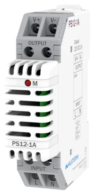 Multispan PS12-1A 12W DIN-rail SMPS — 12V DC / 1 A, efficiency >85%