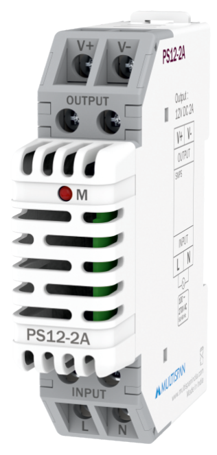 Multispan PS12-2A — 24W DIN-rail SMPS — 12V DC / 2 A, efficiency >85%