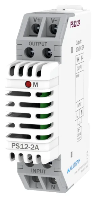 Multispan PS12-2A مزود طاقة SMPS للتثبيت على قضيب DIN بقدرة 24W — 12V DC / 2 A، كفاءة >85%