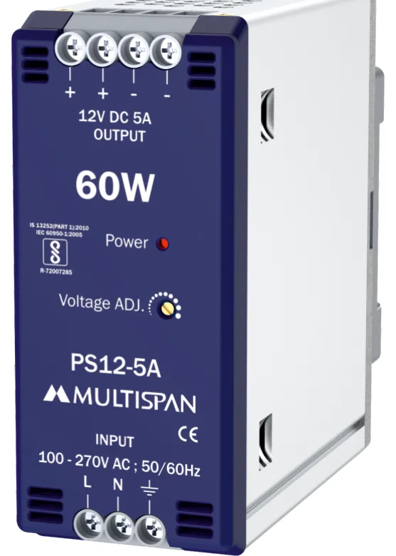 Multispan PS12-5A 60W DIN-rail SMPS — 12V DC / 5 A, efficiency >85%