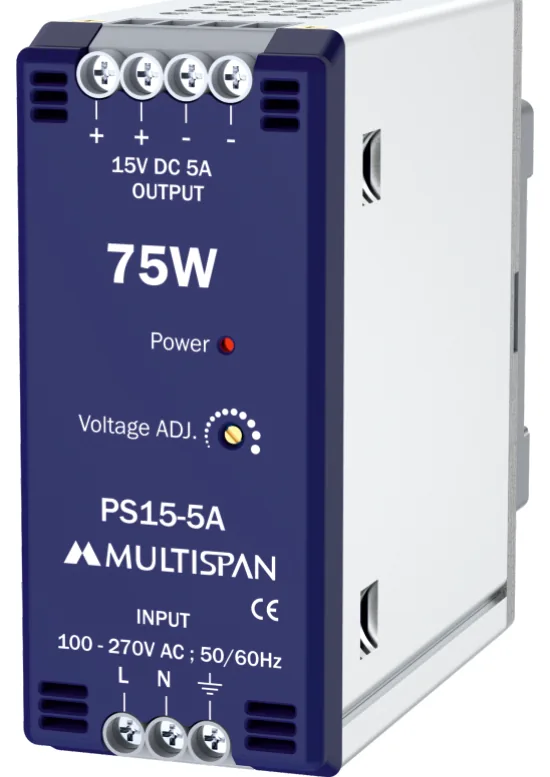 Multispan PS15-5A 75W DIN-rail SMPS — 15V DC / 5 A, efficiency >86%