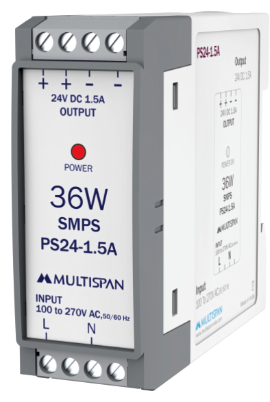 Multispan PS24-1.5A — 36W DIN-rail SMPS — 24V DC / 1.5 A, efficiency >85%