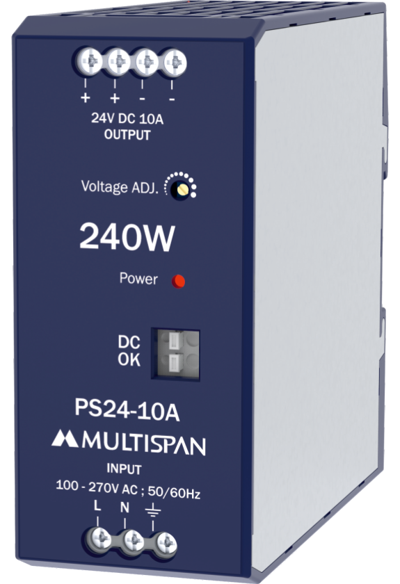 Multispan PS24-10A — 240W DIN-rail SMPS — 24V DC / 10 A, efficiency >93%