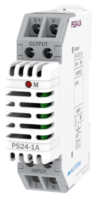 Multispan PS24-1A — 24W DIN-rail SMPS — 24V DC / 1 A, efficiency >85%