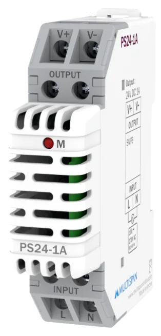 Multispan PS24-1A 24W DIN-rail SMPS — 24V DC / 1 A, efficiency >85%