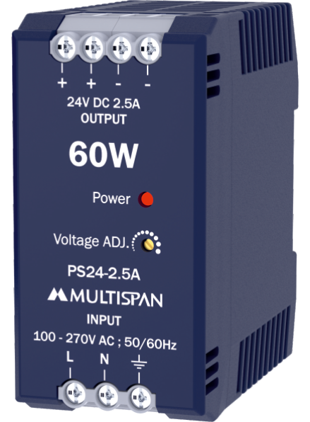 Multispan PS24-2.5A — 60W DIN-rail SMPS — 24V DC / 2.5 A, efficiency >89%