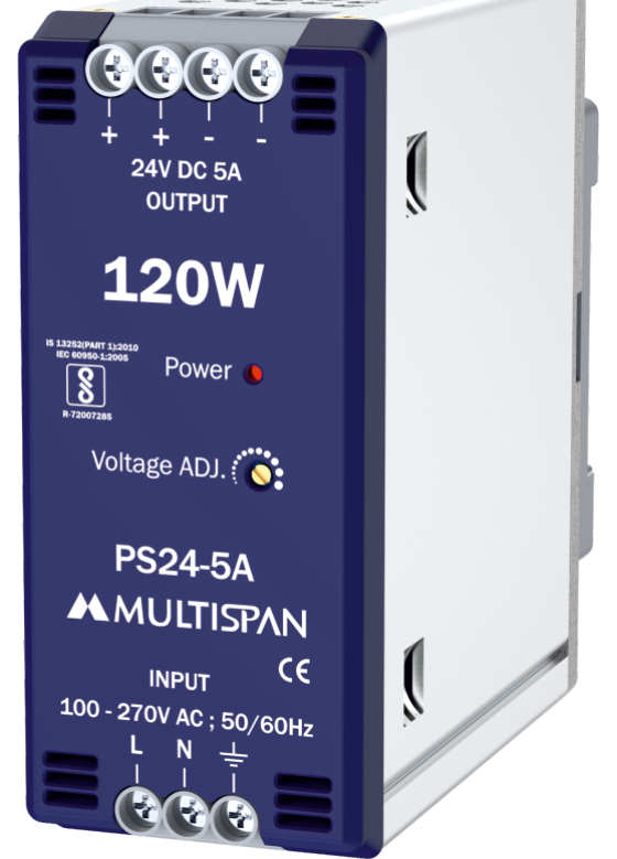 Multispan PS24-5A — 120W DIN-rail SMPS — 24V DC / 5 A, efficiency >89%