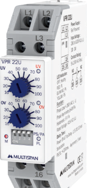 Multispan VPR-22U — 3-phase DIN-rail voltage protection relay (no external supply)