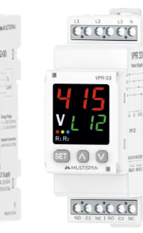 Multispan VPR-33 — DIN-rail 3Ø4W/3Ø3W protection relay, self-powered